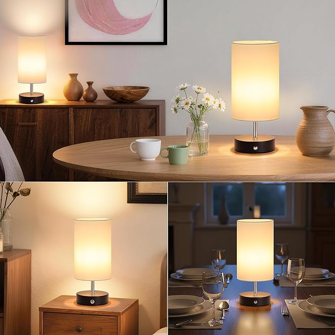 2-Pack Cordless Table Lamps, Black Rechargeable Bedside Lamps Dimmable, Portable 6000mAh Battery Operated LED Desk Lamps, Modern Touch Control Wireless Lamps, Small Lamps for Bedroom, White Shade