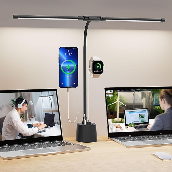 Desk Lamp, Dual Head, Smart USB A+C Charging Port, 5 Color Modes Dimmable, 2600 Lumens 12W Wide-Angle Lighting Table Lamp, 49cm Height for Bedside Reading, Office, Study, Crafts, Draw