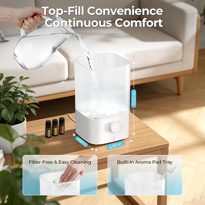 Top-Fill Cool Mist Bedroom Humidifier for Plants & Baby Nursery, 3.2L Large Capacity for up to 40H Runtime, Ultra Quiet <28dB, 3 IN 1, 5μm Fine Mist, BPA-Free for Living Room, Desk, Office