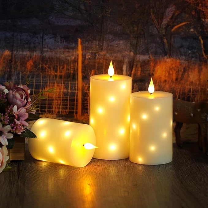 Flameless Candles with Embedded Star String, Real Wax Battery Operated Candles with Remote Timer, Flickering Pillar LED Candle Set for Home Decor Romantic Ambiance （Ivory）