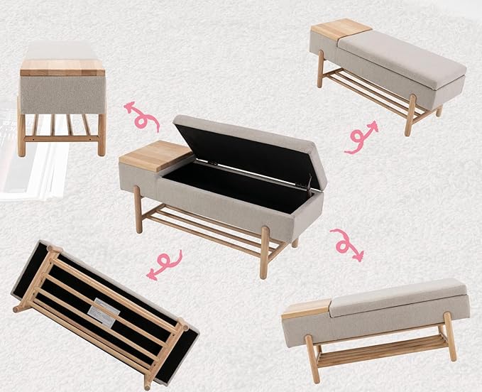 Modern Entryway Storage Bench, Upholstered Shoe Ottoman Bench, Flip-Top End of Bed Bench with Wood Shelf/Coffee Table for Living Room/Bedroom/Hallway/Under Window,46.5 Inches,Beige Linen