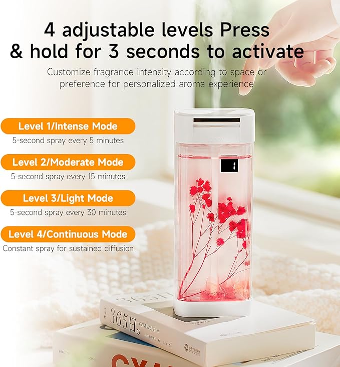 Smart Home Fragrance Diffuser - Waterless Aromatherapy Essential Oil Diffuser & Cordless Air Freshener for Home, Office, Bedroom, Bathroom | 4 Timer Modes, 2 Oils & Preserved Flowers Included