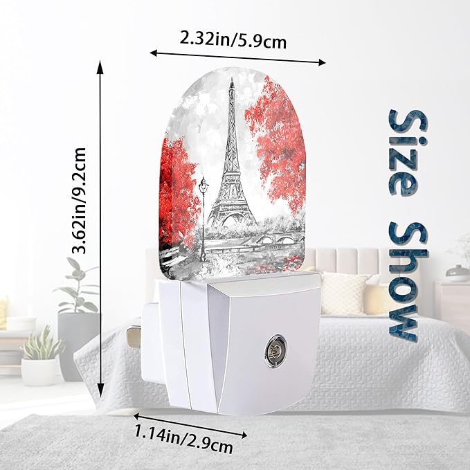 Eiffel Tower Paris Red Flower Night Lights Plug into Wall for Girls Boys Room,Night Light LED Lamp Dusk to Dawn Sensor Round Lamp for Bedroom Bathroom Hallway Home Wall Decor