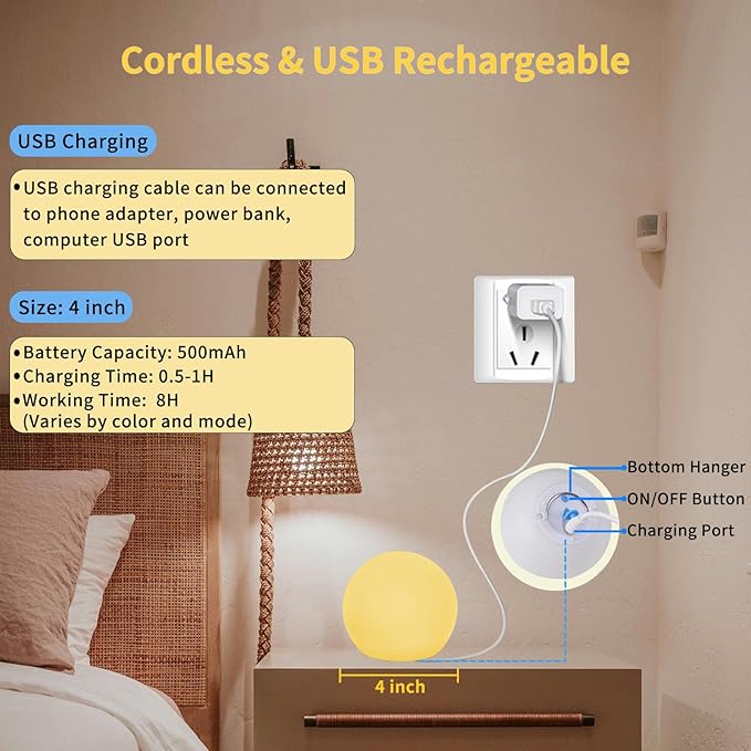 LED Ball Light,4-Inch Cordless Orb Light with Remote,16 Color Changing Night Light for Kids,Rechargeable Mood Lamp,IP68 Waterproof for Home,Party,Pool,Christmas Decor