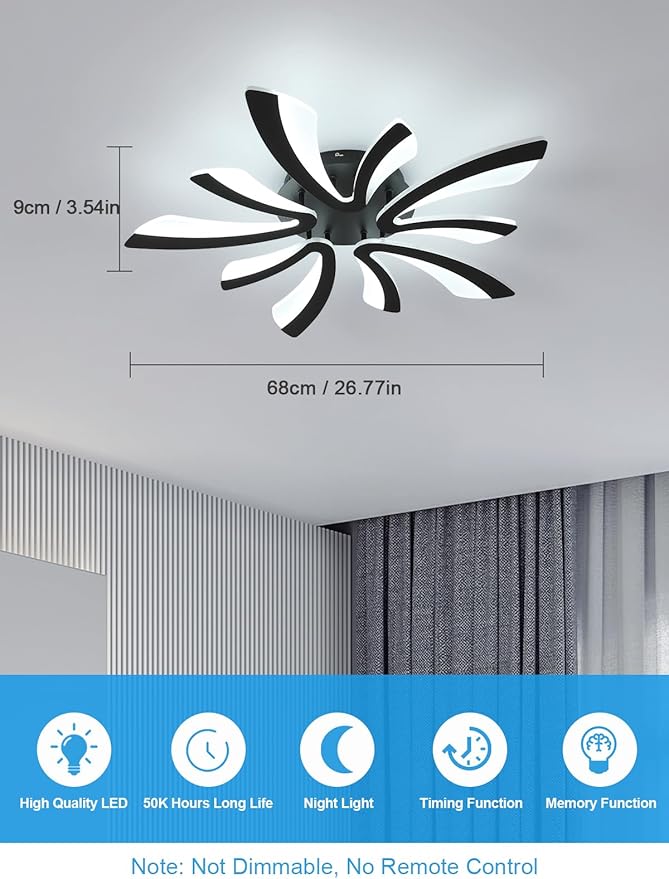 Goeco Modern Ceiling Light, 27.5'' LED Black Acrylic V-Shaped Flush Mount Ceiling Lights, 6500K Ceiling Light Fixture for Living Room, Dining Room, Bedroom, Kitchen