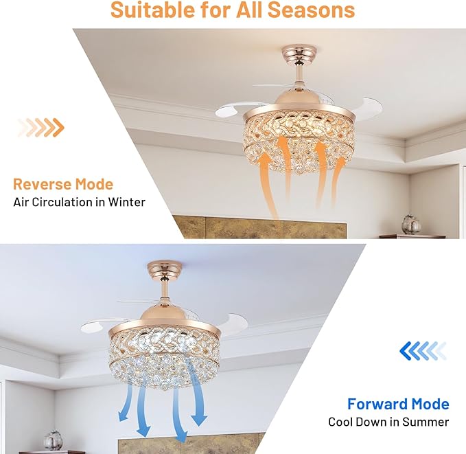 Crystal Fandelier Ceiling Fan with Light and Remote Dimmable 500-6500K Retractable Blades Chandelier Ceiling Fan with Memory Function Modern Ceiling Fans with Lights for Bedroom 42 Inch Gold