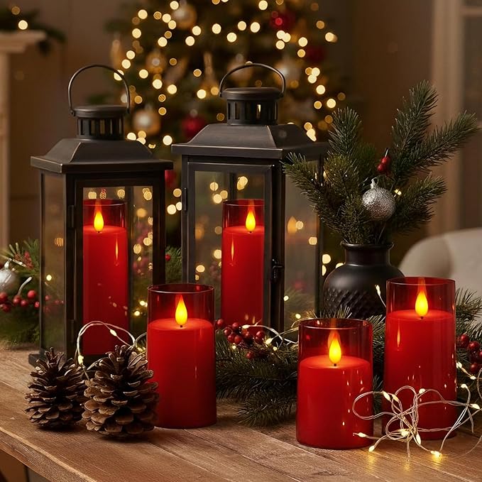 Raycare Flameless Candles Battery Operated with Remote Timer, Acrylic Flickering LED Pillar Candle for Valentine's Day Decoration, Home Decor, Gift for Family and Friend, Red, Set of 5