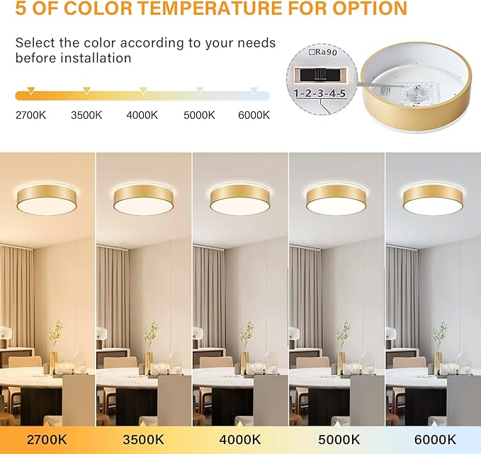 Gold Flush Mount Ceiling Lights, Modern Dimmable 5CCT Close to Lighting Fixture, 2700K-6000K LED Round Ceiling Lamp for Bedroom, Bathroom, Dining Room, Living Room-15.8in