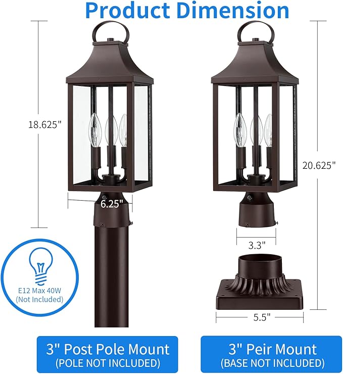 18.62'' Dusk to Dawn Post Light Outdoor, Large 3-Light Lamp Post Light Fixture, Modern Pillar Outside Lighting Waterproof Post Lantern Lamp Outdoor Post Light Fixtures Pole Lights for Porch, Brown