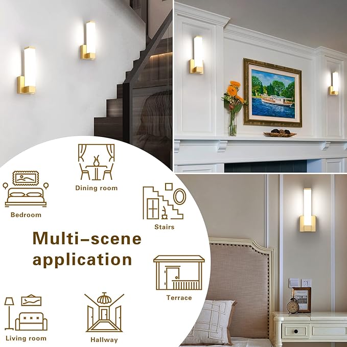 Gold Wall Lights for Bedroom Modern Indoor LED Hallway Sconces Corner Light 12" Inch Height 12W 4000K Bedside Stair Sconces Wall Lighting Lamps 110V AC