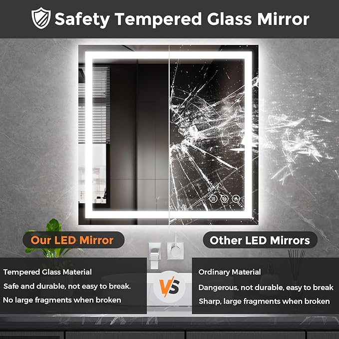 Koonmi 30x30 LED Bathroom Mirror, Backlit + Front Lit, LED Bathroom Mirror with Lights for Wall, 3 Colors, Anti-Fog, Dimmable Brightness, Memory Function, Tempered Glass