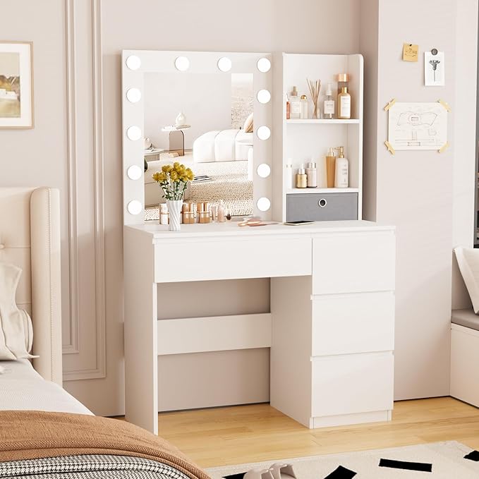Fameill Makeup Vanity with Lights, 37inch Vanity Desk with Mirror and Lights 4 Drawers, 3 Lighting Modes Brightness Adjustable, White