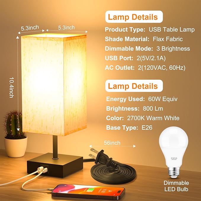 comzler Bedside Lamp, Touch Control Table Lamp for Bedroom, Small Nightstand Lamp with 3 Way Dimmable, USB-C + A Ports for Bedroom, Home Decor, Living Room, LED Bulbs Included, Upgraded Fabric Shade