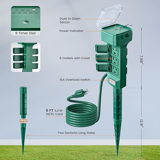 SURAIELEC Outdoor Power Stake Timer, Dusk to Dawn Light, 6 Grounded Outlets Power Strip Weatherproof, 6FT Extension Cord Countdown Outlet for Yard, Garden, Christmas, Outdoor Light, 1875W/15A, Green