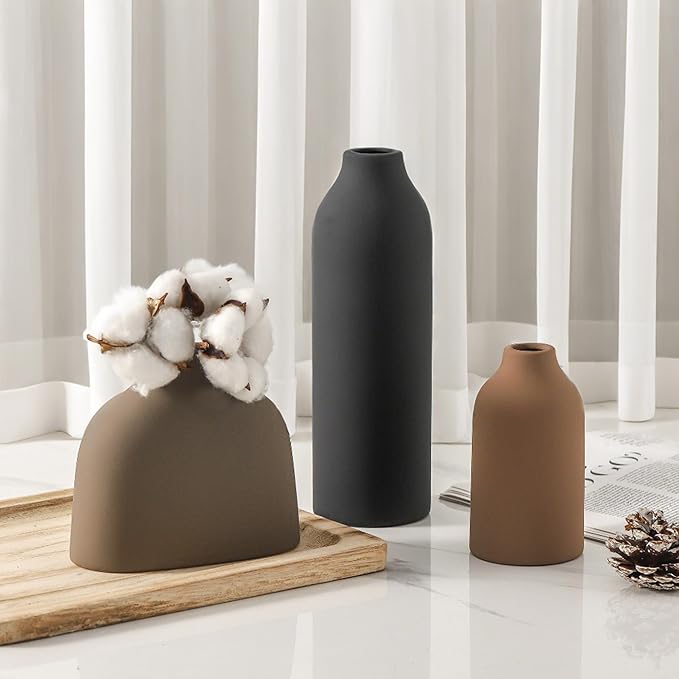 Ceramic Vase Set of 3,Flower Vase Home Decor,Modern Farmhouse Decor, Pampas Grass Dried Fresh Flowers,Bedroom,Living Room,Bookshelf Decoration, Centerpiece Table Decor,Boho Decor.