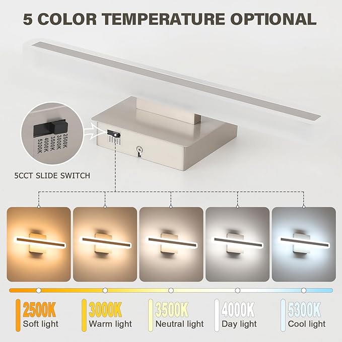 JUSHENG Brushed Nickel Vanity Lights for Bathroom, 5CCT Dimmable Vanity Light Bar, Modern LED Bathroom Lighting Fixtures Above Mirror 16'' Inch 16W