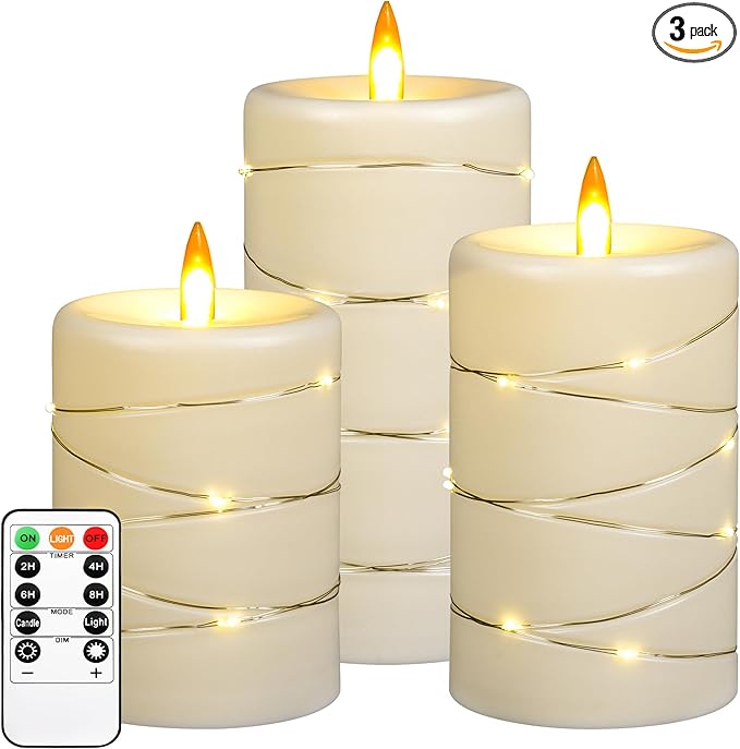 Upinmz Flickering Flameless Candles with String Lights, Battery Operated Candle, LED Candles Unbreakable Acrylic Candles with Remote Control and Timer -3 Pack Ivory White
