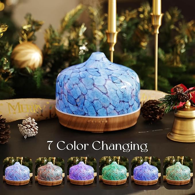 Porseme 500ml Glass Essential Oil Diffuser Aromatherapy Ultrasonic Cool Mist Humidifier 15-21 Running Hours Diffusers with Remote Control for Sleeping Yoga Working Spa(Blue）