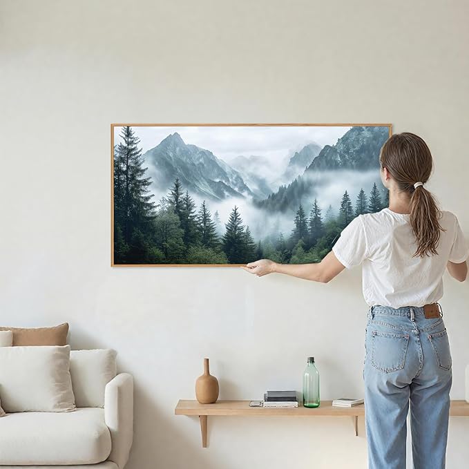 YeeHomedec Large Mountain Framed Canvas Wall Art, Modern Calming Forest Wall Decor, Misty Nature Mountains Art Painting, Wooden Pine Trees Artwork for Living Room Bedroom Farmhouse 20"x40"