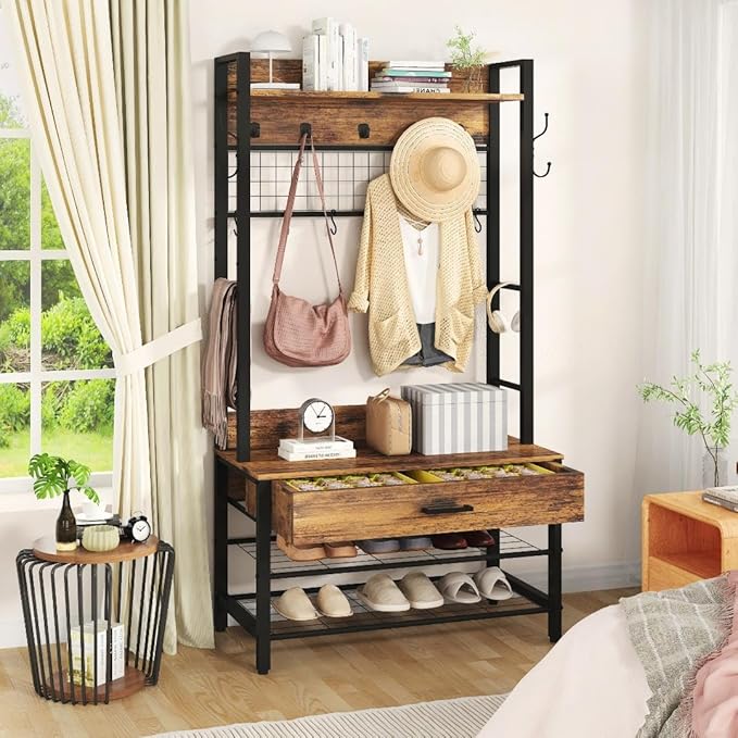Recaceik Hall Tree with Bench and Shoe Storage, Entryway Coat Rack with Shoe Bench, Industrial Hall Tree with Drawers and 12 Hooks for Bedroom, Living Room