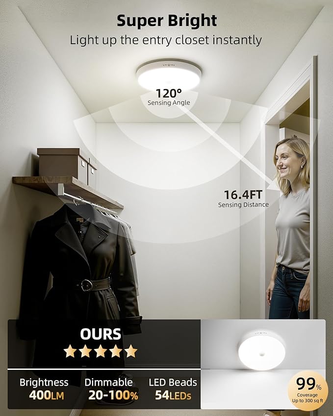 EZVALO Motion Sensor Light Indoor, 10000mAh, 7.1inch, 400LM, Remote Control, Dimmable, LED, Flush Mount, Wireless, Rechargeable, Battery Operated, Cordless, Ceiling Light, Closet Light, No Wiring
