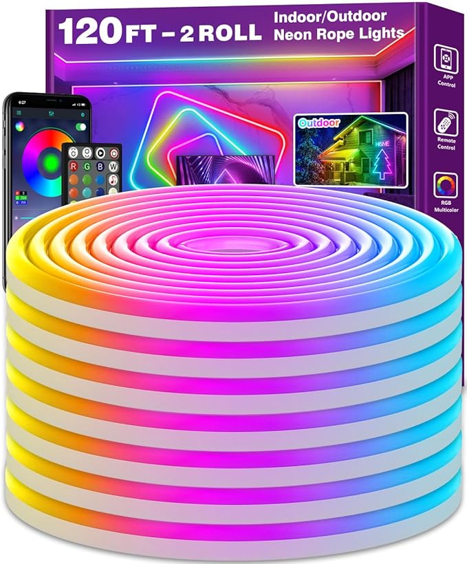 32.8Ft Neon Rope Lights,Flexible Led Rope Lights Control with App/Remote,Multiple Modes RopeLights,IP65 Outdoor RGB Led Neon Lights NonWater Resistant,Music Sync Gaming Led NeonLight Strip (120FT)
