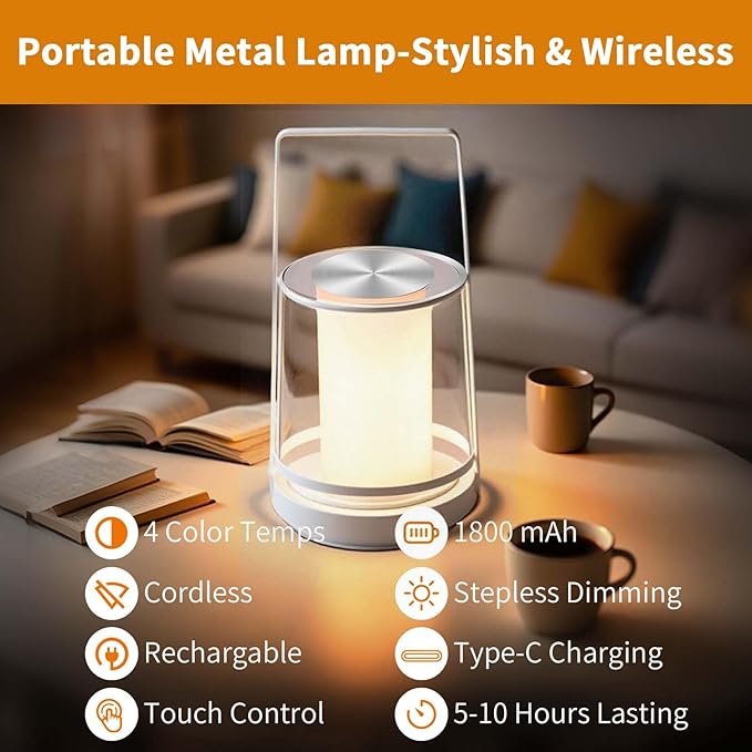 White Touch Bedside Lamp with Soothing Candlelight Mode - Rechargeable, Dimmable Night Light, Tap for Gentle Flame & Sparkle Effect, for Nursery, Bedroom Relaxation, Gifts