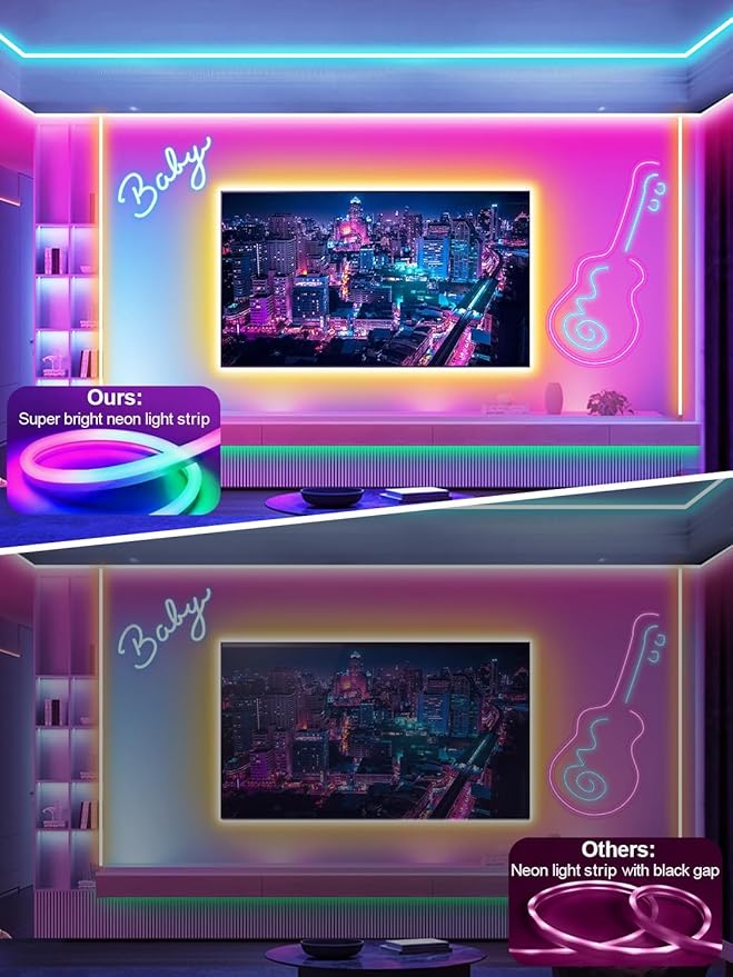 50FT RGB Neon Rope Lights, Outdoor Led Strip Lights Waterproof IP67 with Remote and App Control, Flexible Led Rope Lights, Music Sync Led Lights for Bedroom, Gaming, Outdoors Decor (1 Roll)
