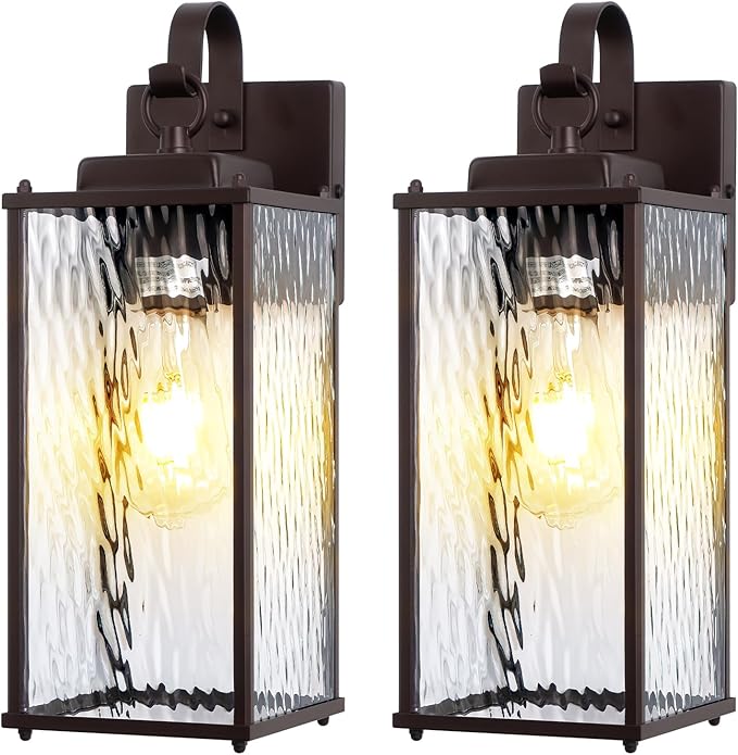 Oil Rubbed Bronze Outdoor Light Fixtures Water Ripple Glass 15” 2 Pack, Vintage Brown Exterior Lights for House IP65 Waterproof Outside Wall Sconce Lighting Coach Lights Patio Wall Lanterns
