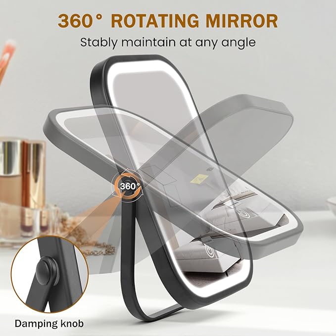 Rechargeable Travel Makeup Mirror, 8"×6" Small Vanity Mirror with Lights, 1500mAH Battery, 3-Color Lighting, Dimmable, 360° Rotation, Portable Desk Mirror with Storage Pouch, Travel Essentials (Black)