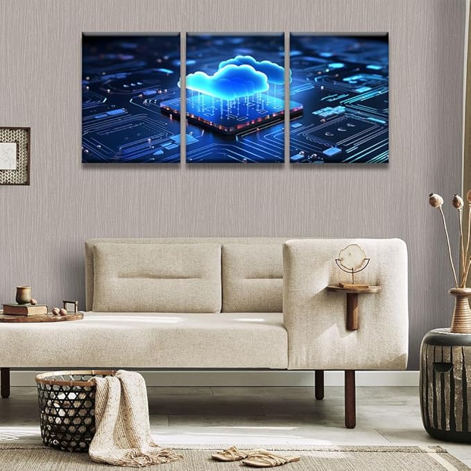 Modern Wall Art 3 Panel Wall Art Transfer and Storage on the Internet Pictures Print On Canvas Wall Decor for Living Room, Wooden Framed Gallery-Wrapped Ready to Hang 12x16inchx3
