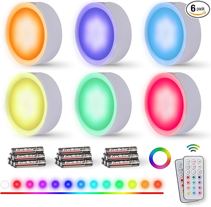 EverBrite Puck Lights with Remote, Wireless LED Puck Lights Battery Operated, 13 RGB Colors Changing Under Cabinet Lights, Dimmable Closet Lights with Timer, Battery Included (6-Pack)