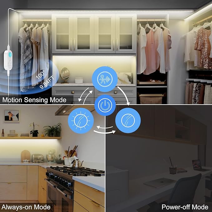 Dual Sensor Stair Lights Indoor, Double Motion Sensor Step Light Strip Plug-in Night Light For Double Bed Warm White 3000K with UL 12V Adapter, Dimmer And Timer for Stairway, Double Bed, Corridor
