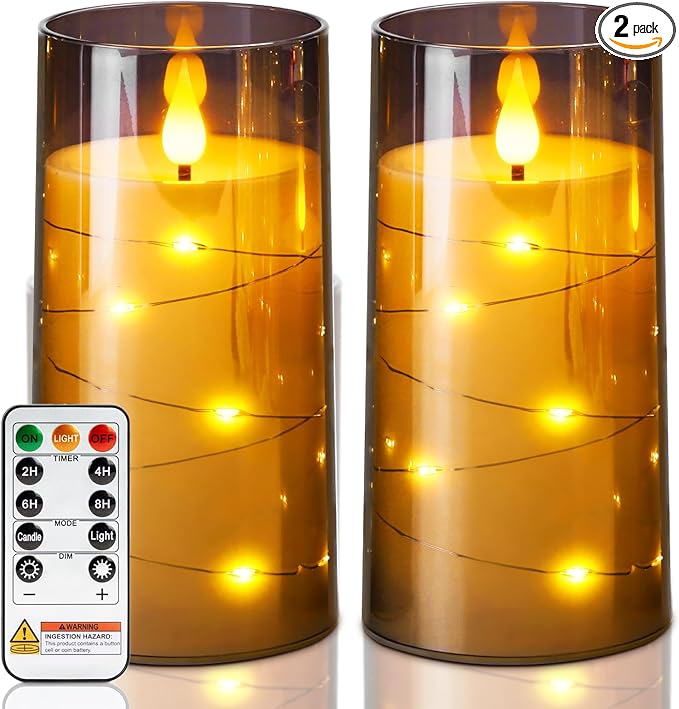 Homemory Flameless Candles with Embedded Star String Fairy Lights, Battery Operated Candles, LED Candle, Fake Candles with Remote Control and Timer, Grey, Set of 2(H 6" 6")