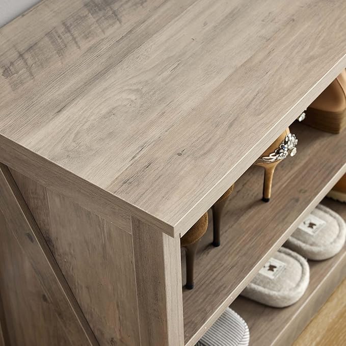 Farmhouse Storage Bench with 2-Tier Open Shelf, Shoe Bench with Cushion for Entryway, Mudroom, Hallway, Living Room & Bedroom Organization, Grey