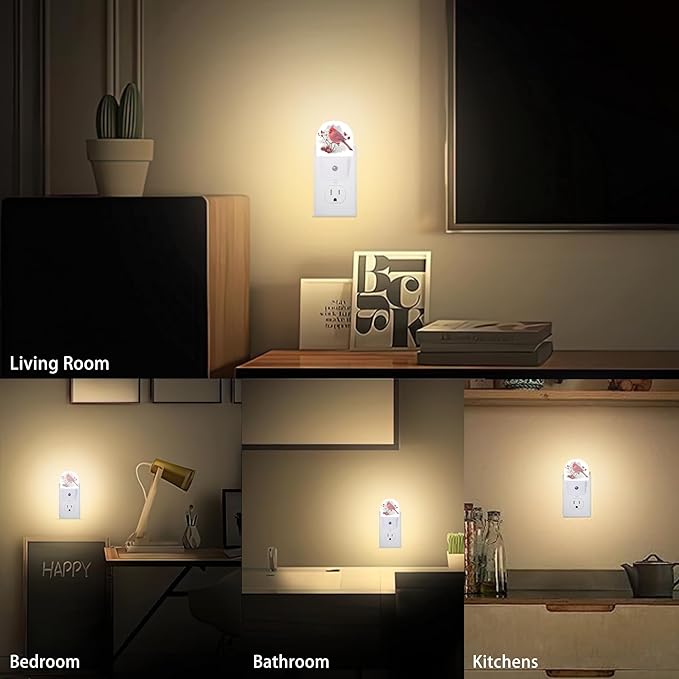 Bird Cardinal Night Lights Plug into Wall for Girls Boys Room,Night Light LED Lamp Dusk to Dawn Sensor Round Lamp for Bedroom Bathroom Hallway Home Wall Decor (Bird Cardinal)