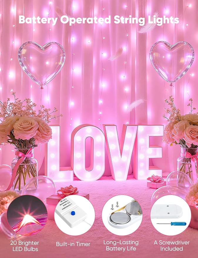 Minetom 12 Pack Pink Christmas Lights, 7ft 20 LED Fairy Lights Battery Operated, Valentines Day Decorations, 8 Modes Waterproof Silver Wire Twinkle Lights, Valentine's Day Lights