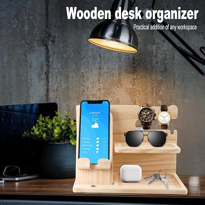 Nightstand Organizer for Men Night Stand Organizers Men Bedside Organizer Phone Holder Wood Phone Docking Station Wood Desk Organizer Mens Birthday Souvenir Ideas(Beige)