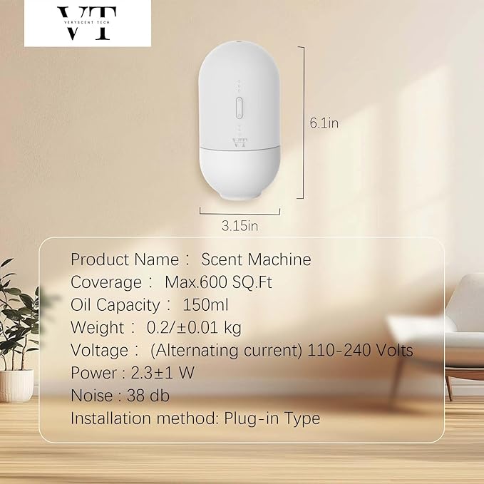 Plug in Waterless Oil Diffuser and 5 OZ Essential Oil for 600 Sq. Ft Room Home Hotel Office, Mini Wall Mounted Smart Scent Air Freshener Machine with Bluetooth App, House Outlet Aroma Diffuser White