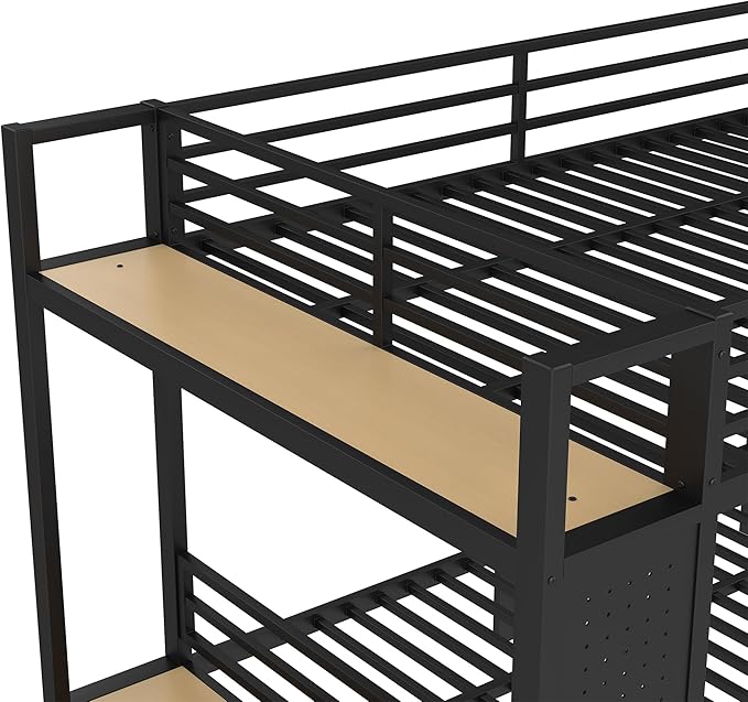 Bellemave Queen Over Queen Metal Bunk Bed with Storage Drawers and Shelves, Heavy Duty Bunk Beds with Pegboard and Coat Rack for Kids, Adults,Black