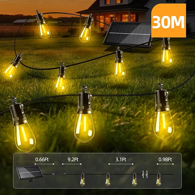 Solar Lights Outdoor Patio Lights: S14 30M 100FT Solar Powered 3 Light Modes Solar Waterproof Light - Shatterproof Bulbs - Camping Backyard Garden Deck Outside Yard