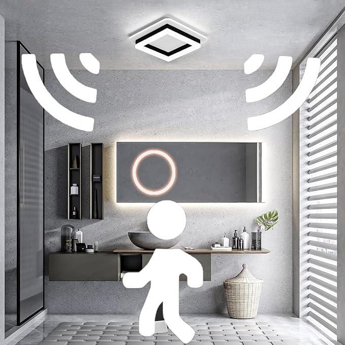 Motion Sensor LED Ceiling Light Indoor, 24W Black Mount Motion Activated 7.87inch Flush Mount Lighting Fixture for Closet Laundry Bathroom Hallway Stair Porch Basement, Cool White
