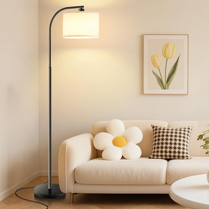 Floor Lamp for Living Room,Tall Standing Lamps Dimmable,Modern Floor Light with LED Bulb,3 Color Temperatures,Fabric Shades,Black Floor Lamps for Bedroom Dining Room Office Corner