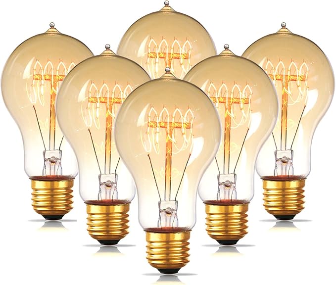 Jslinter 6-Pack Edison Light Bulb 60 Watt, Dimmable A19 Antique Vintage Old Fashioned E26 Incandescent Light Bulbs, Amber Warm White