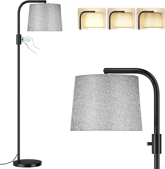 Ambimall 𝐅𝐮𝐥𝐥𝐲 𝐃𝐢𝐦𝐦𝐚𝐛𝐥𝐞 Floor Lamp - Floor Lamps with 9W 𝐋𝐄𝐃 Bulb, Standing Lamps for Living Room with Adjust Head, Modern Standing Tall Light Rotary Switch for Office(Black and Grey)