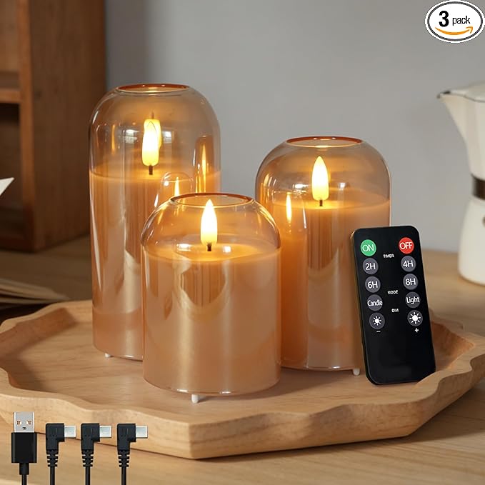 3Pcs LED Candle Set Rechargeable with Remote Control,Clear Glass Flameless Candles,Candle Lights for Home Decor, Bedroom, Bathroom Accessories，Pumpkin Fake Candles for Halloween