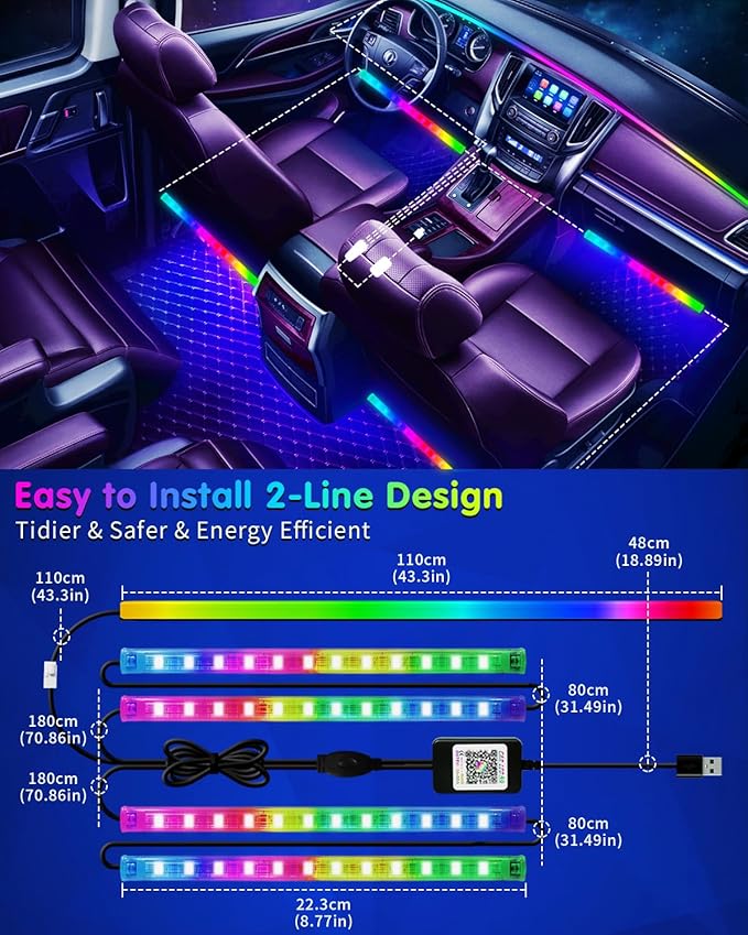 Car Led Light Interior, RGB Dreamcolor Inside Light Music Sync, Under Dash Footwell Automotive Strip Light, 12V Acrylic Strip Light for Vehicle, Truck,Jeep, SUV with Car Charger(1set)