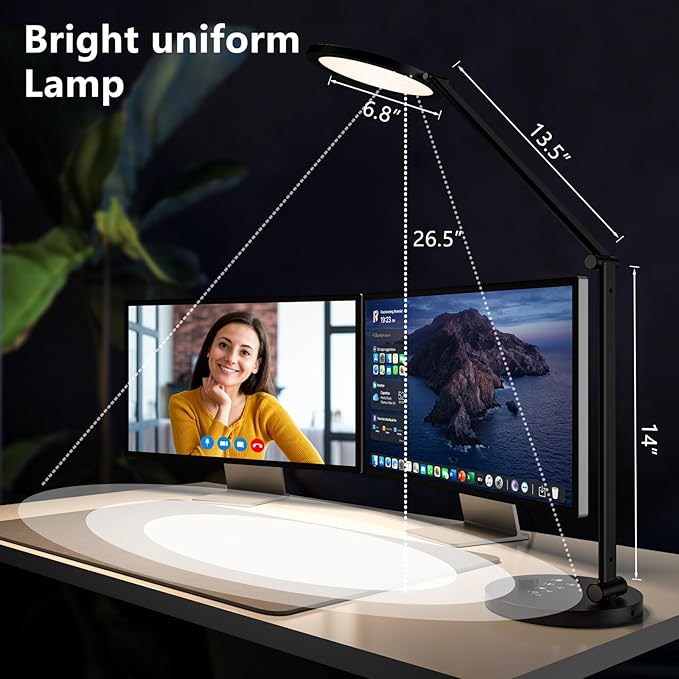 LED Desk Lamp for Home Office, Eye-Caring Modern Desk Light, 3 Color Temperature 10 Brightness Computer Light, Dimmable Desk Light with Memory & Timer Func, Metal Swing Arm Table Lamp (Black)