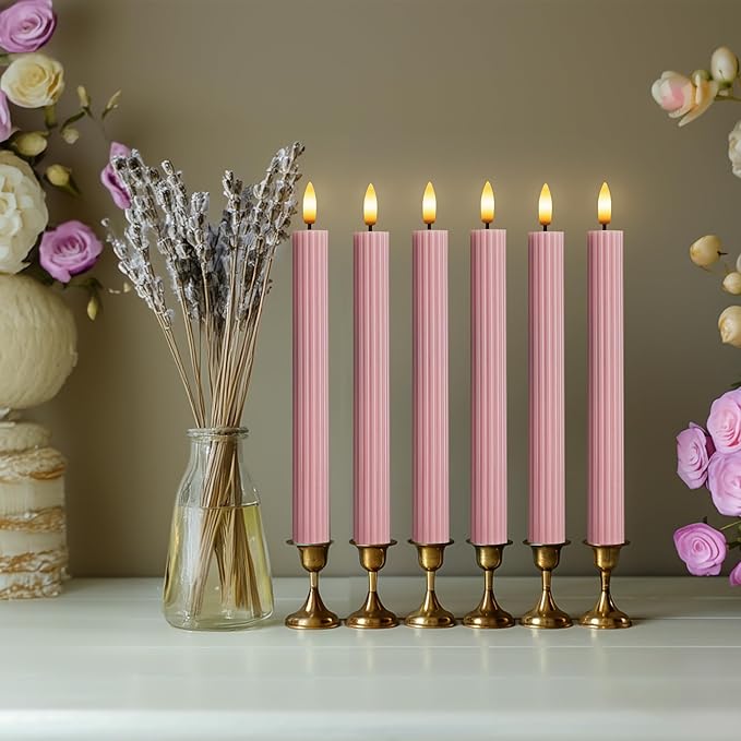 WYZworks 10" Fluted Ribbed LED Dusty Rose Grooved Pillar Candles, Remote & 24h Timer Memory, On/Off Switch - Flameless Dimmable Battery Operated w/Flicker Mode, Home Wedding Decor (12 Pack)