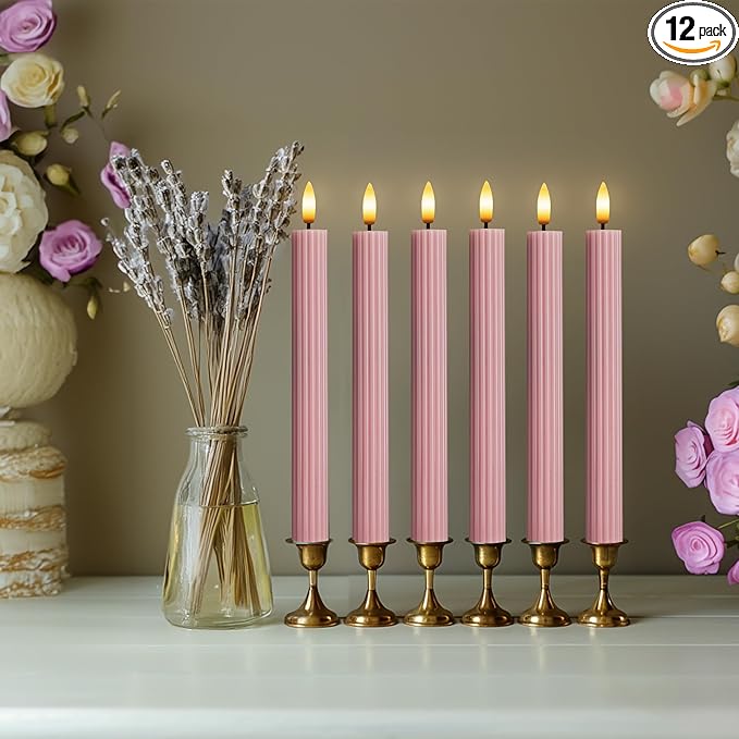 12 Pack, 10" LED Flameless Dusty Rose Fluted Ribbed Grooved Taper Candles, Remote & 24h Timer Memory, On/Off Button, Dimmable, Flicker Mode, Battery Operated, Christmas Menorah Wedding